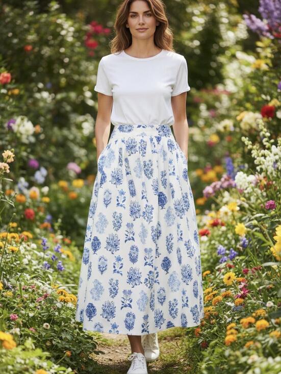 Parker Dresses & Skirts - PARKER Blue Floral Print Smocked Waist Midi Skirt Size M